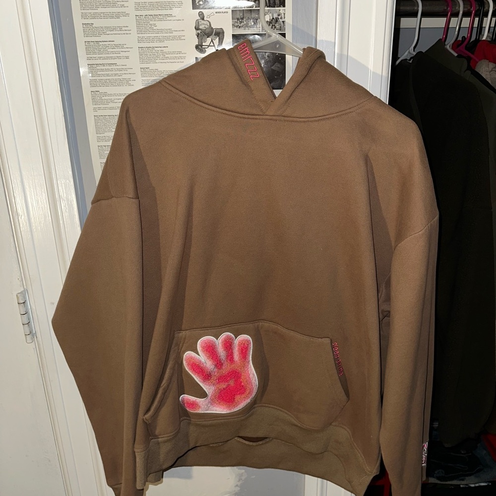 Brown Hoodie with Pink Handprint Design